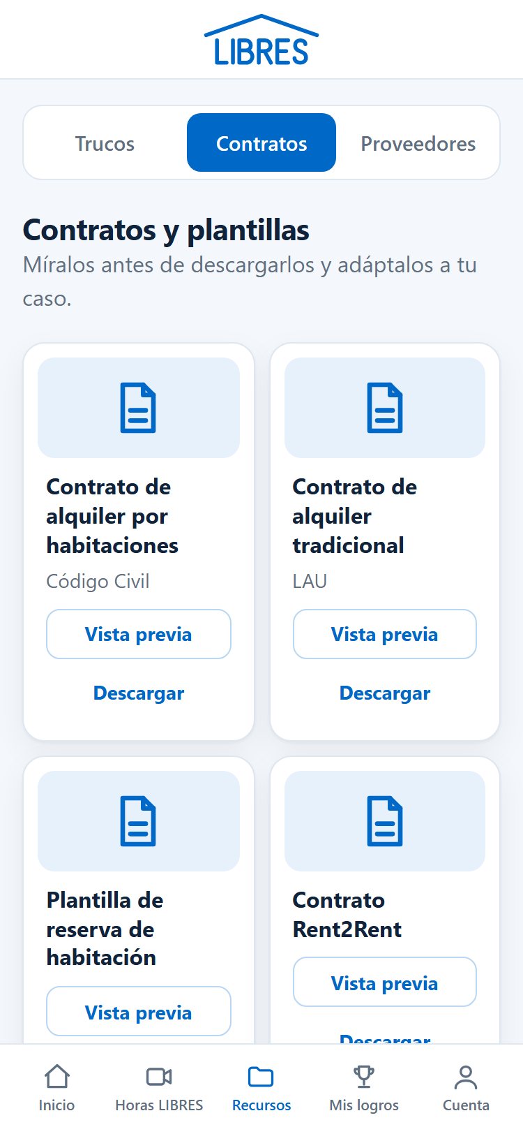 Pantalla de contratos y plantillas